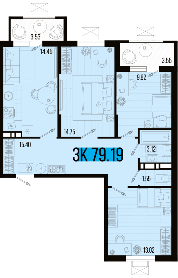 3-комнатная квартира №87 79,19 м2 от застройщика ГК ТОЧНО
