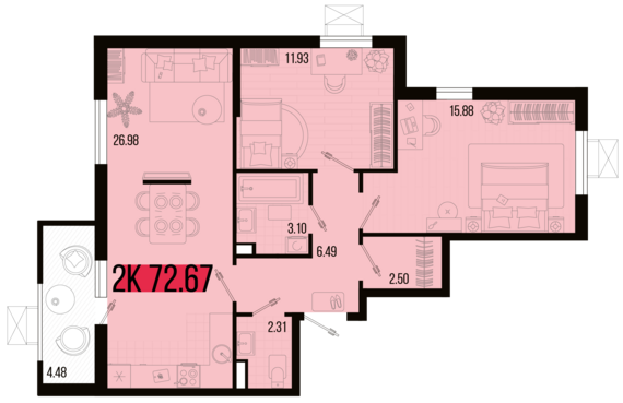 2-комнатная квартира №142 72,67 м2 от застройщика ГК ТОЧНО