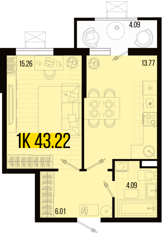 1-комнатная квартира №143 43,22 м2 от застройщика ГК ТОЧНО