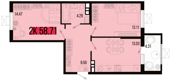 2-комнатная квартира №164 58,71 м2 от застройщика ГК ТОЧНО