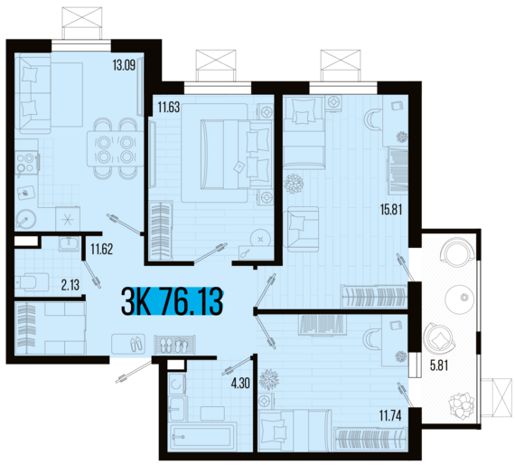 3-комнатная квартира №1 76,13 м2 от застройщика ГК ТОЧНО