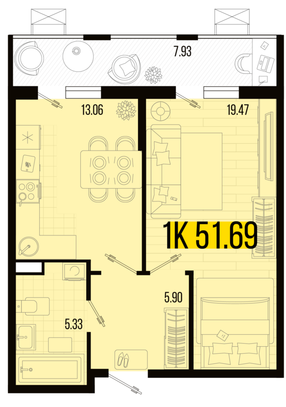 1-комнатная квартира №3 51,69 м2 от застройщика ГК ТОЧНО