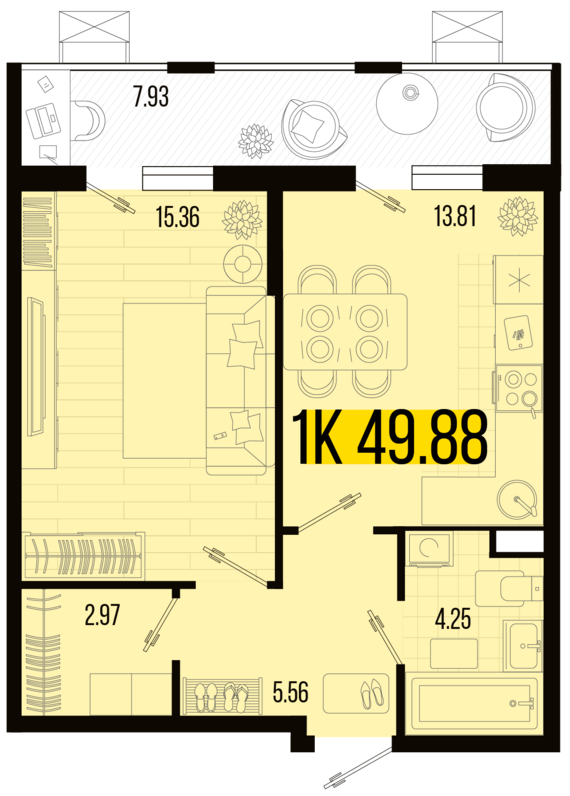 1-комнатная квартира №4 49,88 м2 от застройщика ГК ТОЧНО