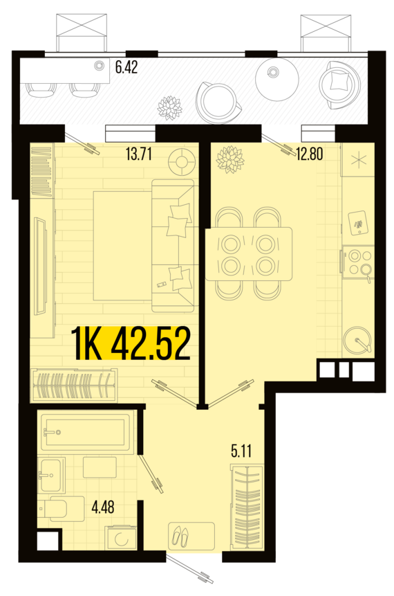 1-комнатная квартира №7 43,1 м2 от застройщика ГК ТОЧНО