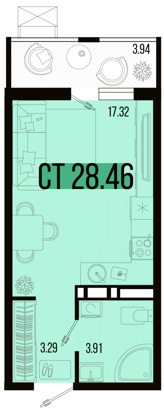 Студия №9 28,46 м2 от застройщика ГК ТОЧНО