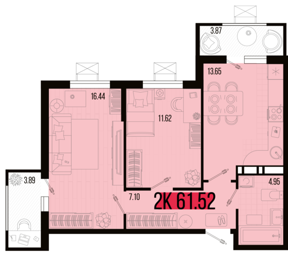 2-комнатная квартира №29 61,52 м2 от застройщика ГК ТОЧНО