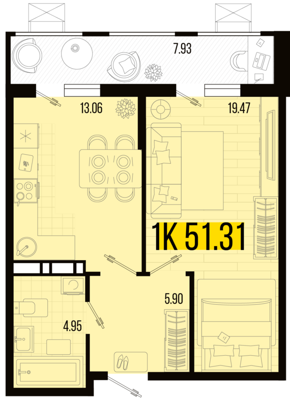 1-комнатная квартира №12 51,31 м2 от застройщика ГК ТОЧНО