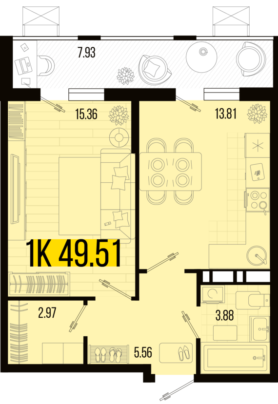 1-комнатная квартира №31 49,51 м2 от застройщика ГК ТОЧНО