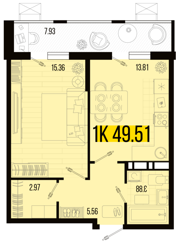 1-комнатная квартира №49 49,51 м2 от застройщика ГК ТОЧНО