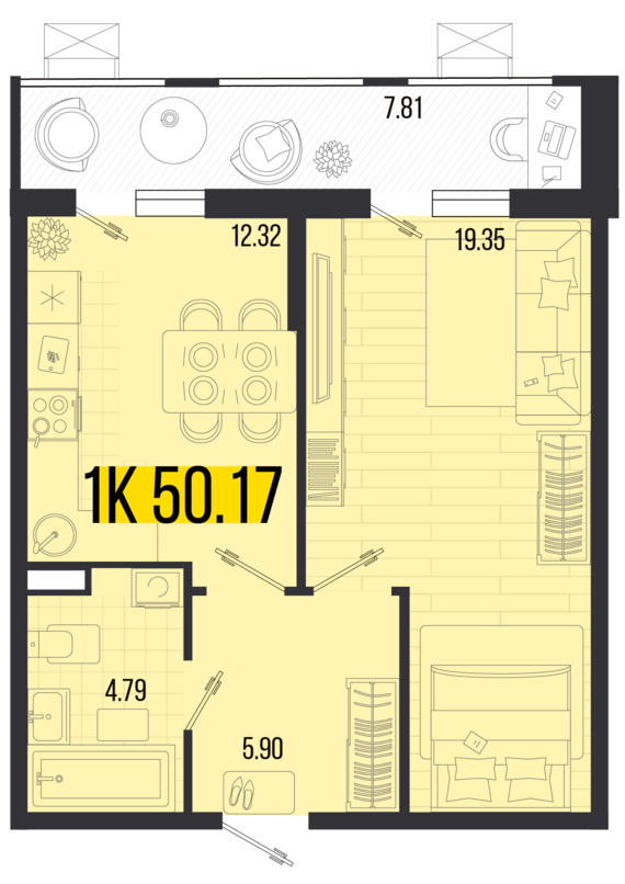1-комнатная квартира №60 50,17 м2 от застройщика ГК ТОЧНО