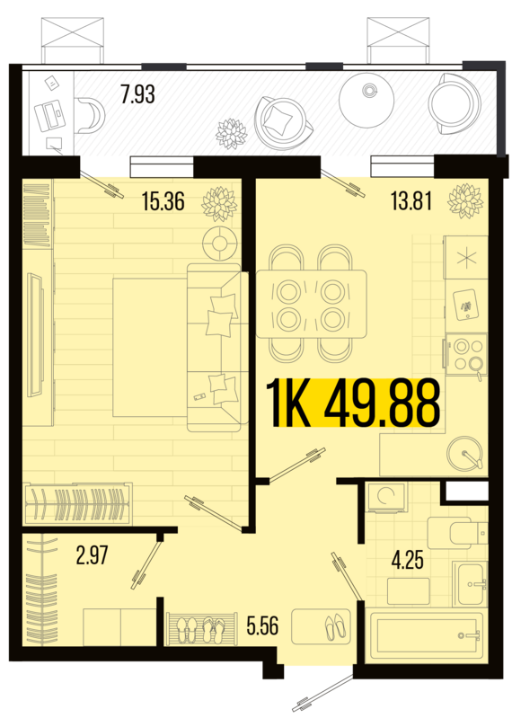 1-комнатная квартира №61 49,88 м2 от застройщика ГК ТОЧНО
