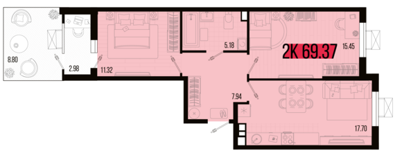 2-комнатная квартира №63 69,37 м2 от застройщика ГК ТОЧНО