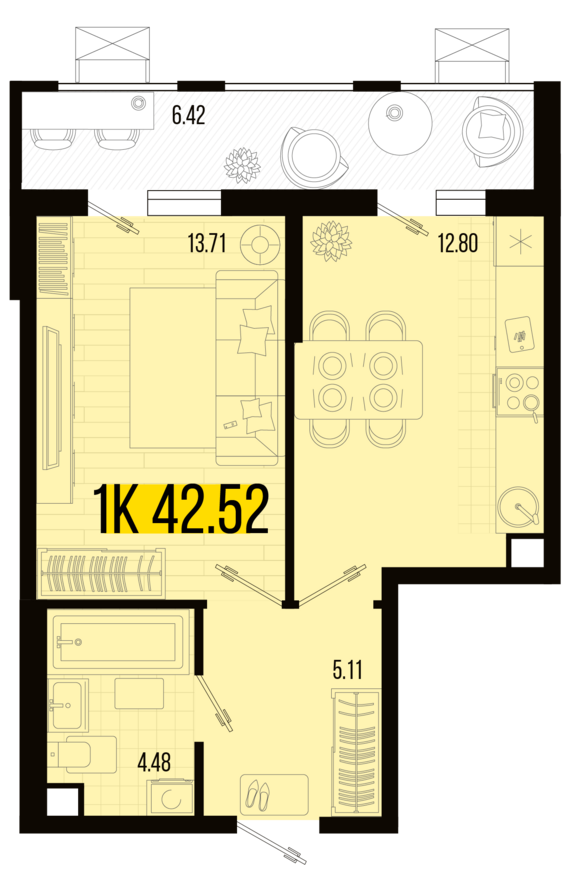 1-комнатная квартира №64 42,52 м2 от застройщика ГК ТОЧНО