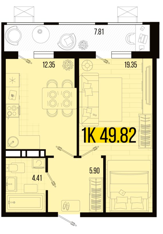 1-комнатная квартира №76 49,82 м2 от застройщика ГК ТОЧНО