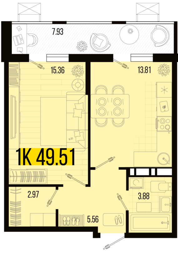 1-комнатная квартира №93 49,51 м2 от застройщика ГК ТОЧНО