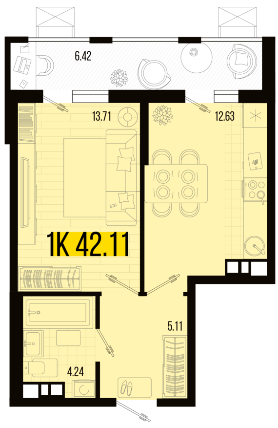 1-комнатная квартира №72 42,11 м2 от застройщика ГК ТОЧНО