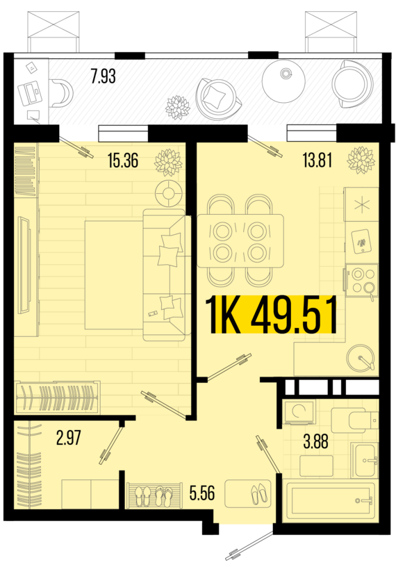 1-комнатная квартира №101 49,51 м2 от застройщика ГК ТОЧНО