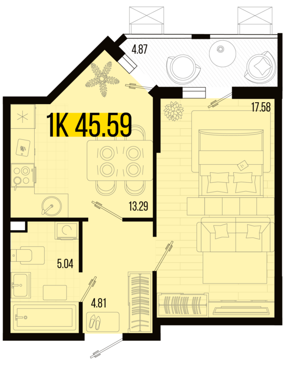 1-комнатная квартира №110 45,59 м2 от застройщика ГК ТОЧНО