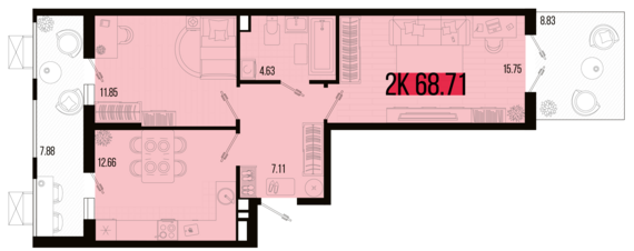 2-комнатная квартира №112 68,71 м2 от застройщика ГК ТОЧНО