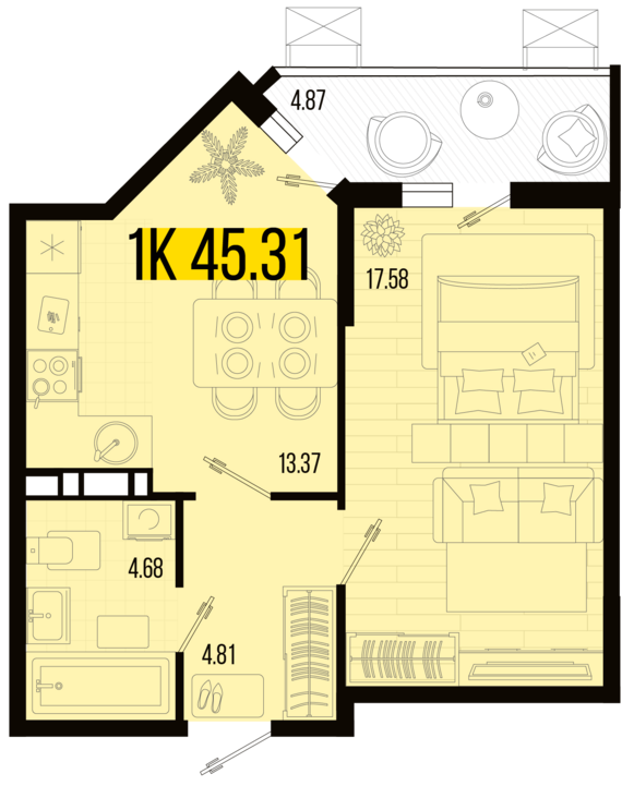 1-комнатная квартира №127 45,31 м2 от застройщика ГК ТОЧНО