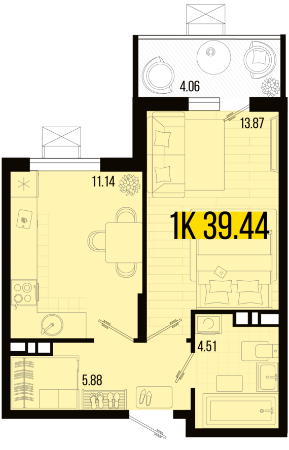 1-комнатная квартира №121 39,9 м2 от застройщика ГК ТОЧНО