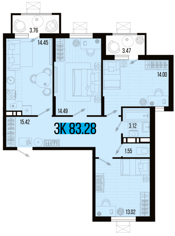 3-комнатная квартира №144 83,28 м2 от застройщика ГК ТОЧНО