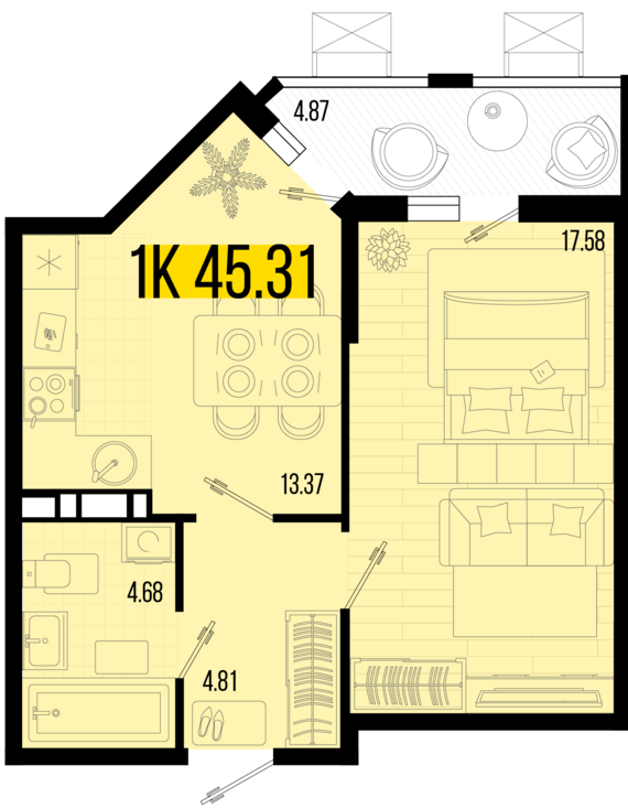 1-комнатная квартира №154 45,31 м2 от застройщика ГК ТОЧНО