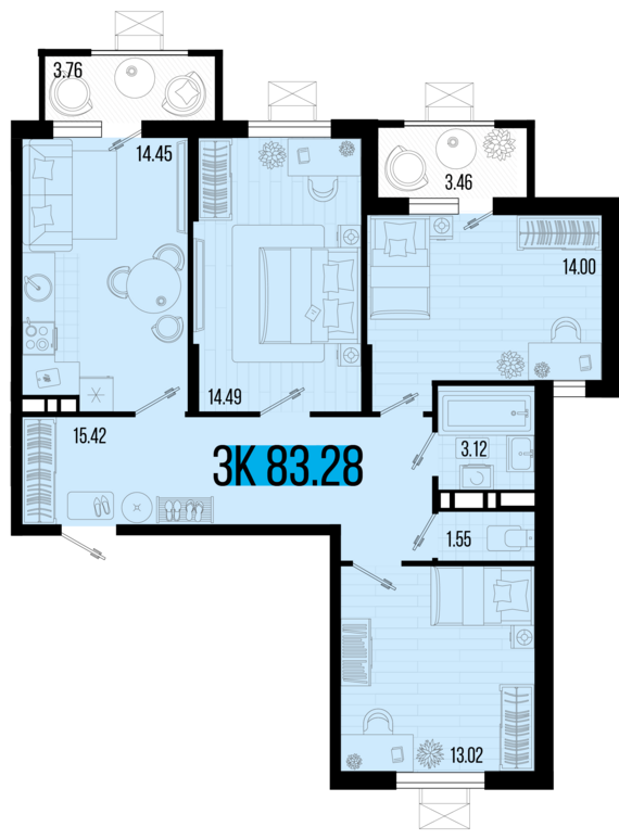 3-комнатная квартира №162 83,28 м2 от застройщика ГК ТОЧНО