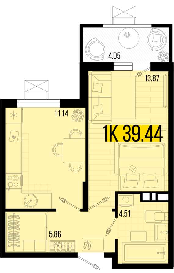 1-комнатная квартира №165 39,44 м2 от застройщика ГК ТОЧНО