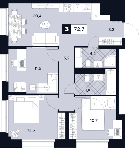 1-комнатная квартира №144 72,7 м2 от застройщика ГК ТОЧНО