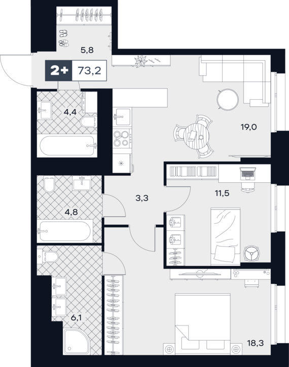 3-комнатная квартира №234 73,2 м2 от застройщика ГК ТОЧНО