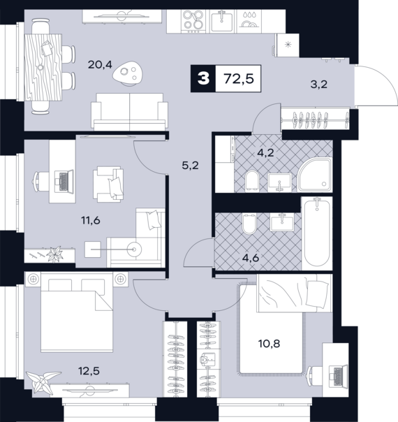 1-комнатная квартира №227 72,5 м2 от застройщика ГК ТОЧНО