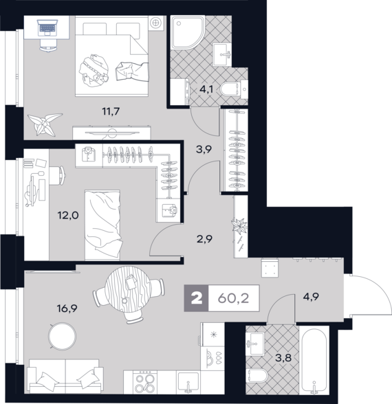 1-комнатная квартира №44 60,2 м2 от застройщика ГК ТОЧНО