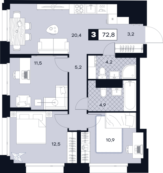 1-комнатная квартира №69 72,8 м2 от застройщика ГК ТОЧНО