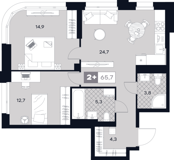 1-комнатная квартира №87 65,7 м2 от застройщика ГК ТОЧНО