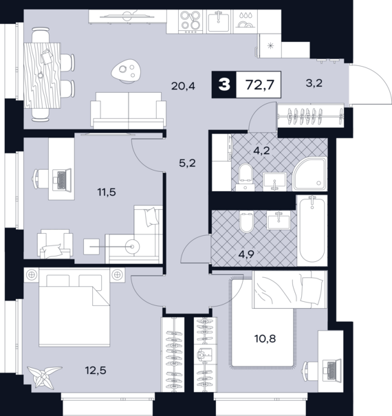 3-комнатная квартира №95 72,7 м2 от застройщика ГК ТОЧНО