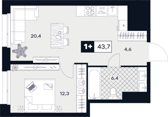 1-комнатная квартира №354 43,7 м2 от застройщика ГК ТОЧНО