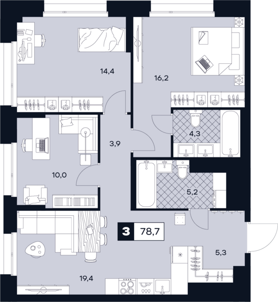 1-комнатная квартира №422 78,7 м2 от застройщика ГК ТОЧНО