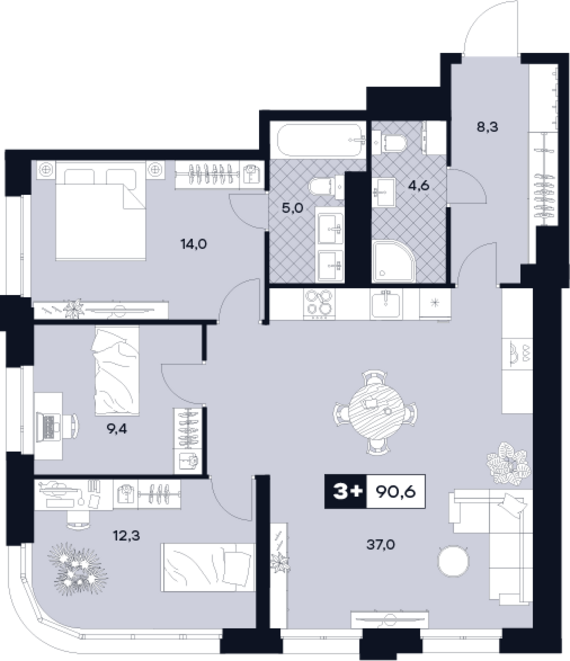 1-комнатная квартира №400 90,6 м2 от застройщика ГК ТОЧНО