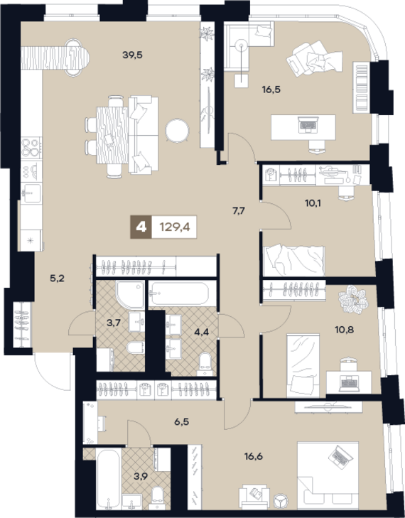 1-комнатная квартира №414 124,9 м2 от застройщика ГК ТОЧНО