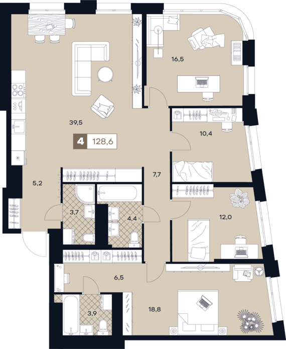 1-комнатная квартира №450 128,6 м2 от застройщика ГК ТОЧНО