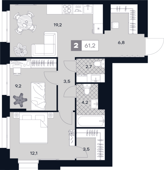1-комнатная квартира №491 61,2 м2 от застройщика ГК ТОЧНО