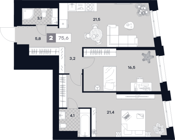 3-комнатная квартира №482 75,6 м2 от застройщика ГК ТОЧНО