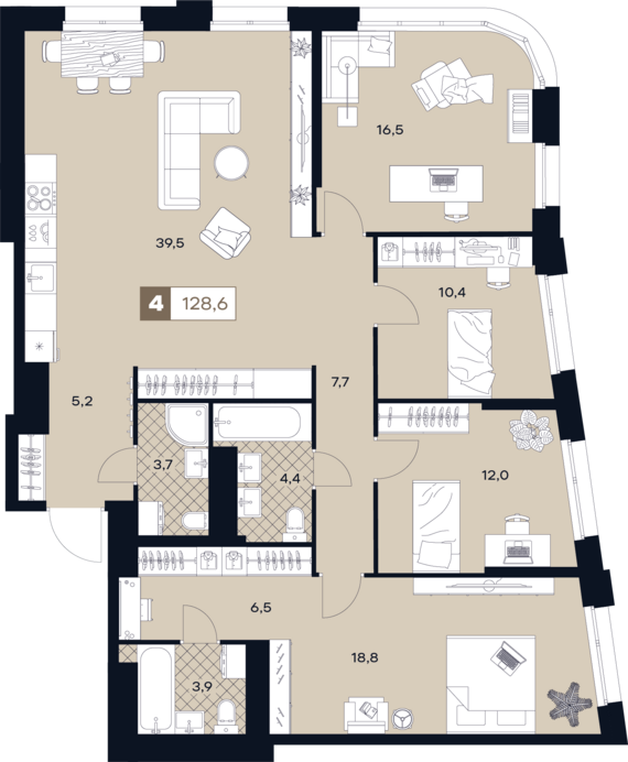 1-комнатная квартира №481 128,6 м2 от застройщика ГК ТОЧНО