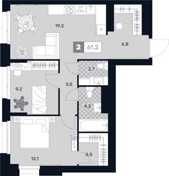 1-комнатная квартира №483 61,2 м2 от застройщика ГК ТОЧНО
