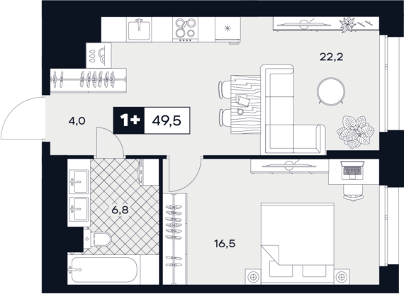 1-комнатная квартира №261 49,5 м2 от застройщика ГК ТОЧНО