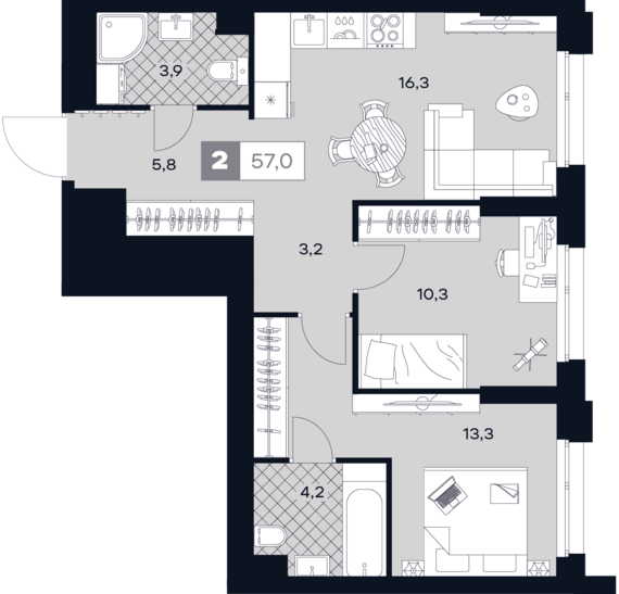 2-комнатная квартира №270 57 м2 от застройщика ГК ТОЧНО