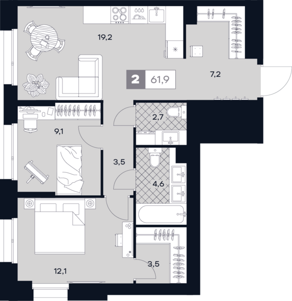 2-комнатная квартира №266 61,9 м2 от застройщика ГК ТОЧНО