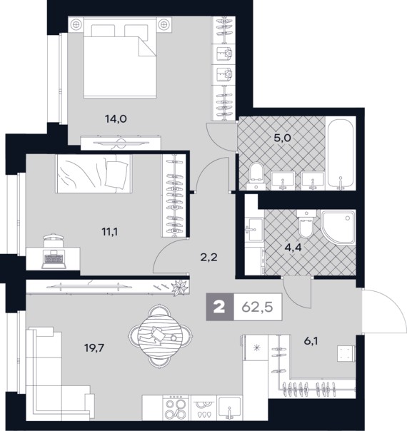 1-комнатная квартира №438 62,5 м2 от застройщика ГК ТОЧНО
