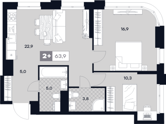 1-комнатная квартира №328 63,9 м2 от застройщика ГК ТОЧНО